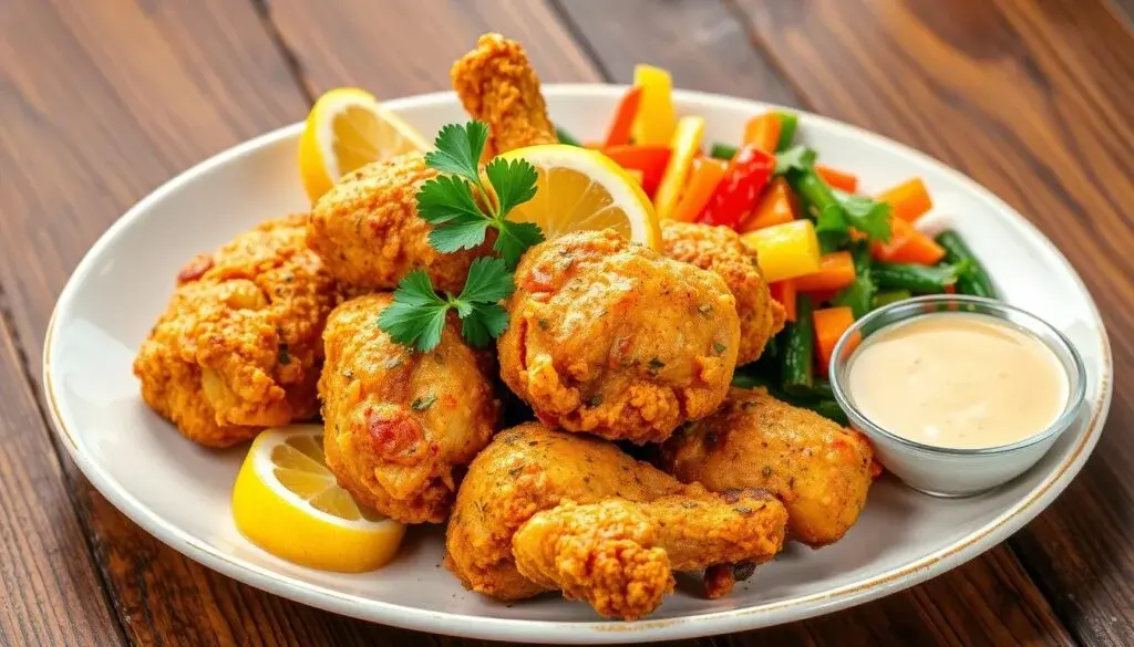 A plate of crispy golden fried chicken served with fresh lemon wedges, colorful sautéed vegetables, and a side of creamy dipping sauce on a wooden table. Healthy New York-Style Fried Chicken