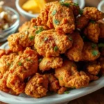 **"A plate of crispy, golden Korean fried chicken garnished with fresh herbs, served with sides of coleslaw, pickled radish, and cornbread on a rustic wooden table."**