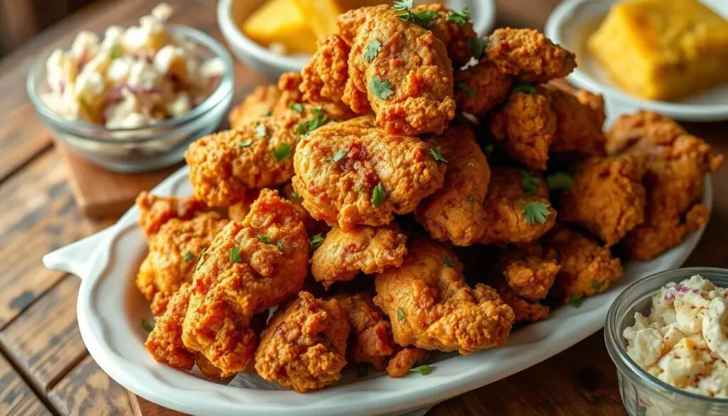 **"A plate of crispy, golden Korean fried chicken garnished with fresh herbs, served with sides of coleslaw, pickled radish, and cornbread on a rustic wooden table."**