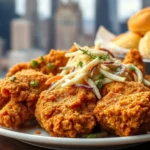 Crispy fried chicken served with coleslaw and biscuits, with a New York cityscape in the background.