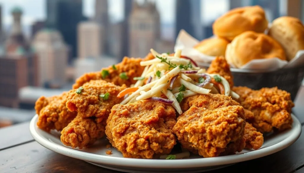 Crispy fried chicken served with coleslaw and biscuits, with a New York cityscape in the background.