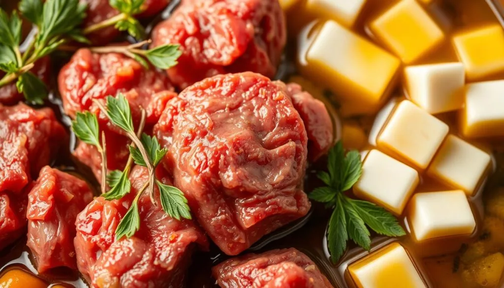 **Alt Text:**
"Raw beef chunks and bouillon cubes with fresh herbs in a flavorful broth, highlighting ingredients for a rich and savory beef dish."