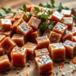 **Alt Text:** "Beef bouillon cubes arranged on a wooden surface with fresh herbs and seasoning, showcasing their rich, savory texture and glossy finish."