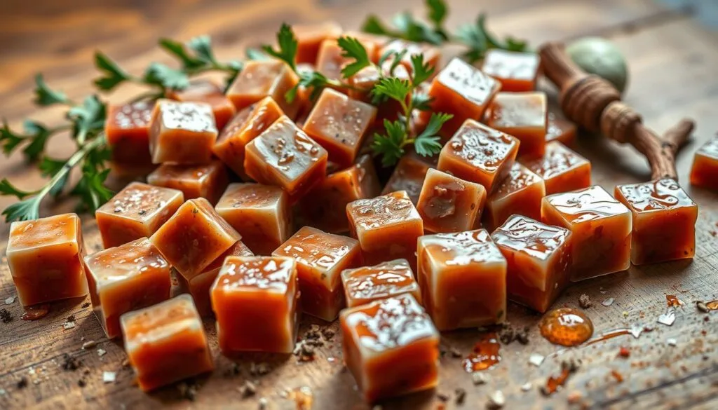 **Alt Text:** "Beef bouillon cubes arranged on a wooden surface with fresh herbs and seasoning, showcasing their rich, savory texture and glossy finish."