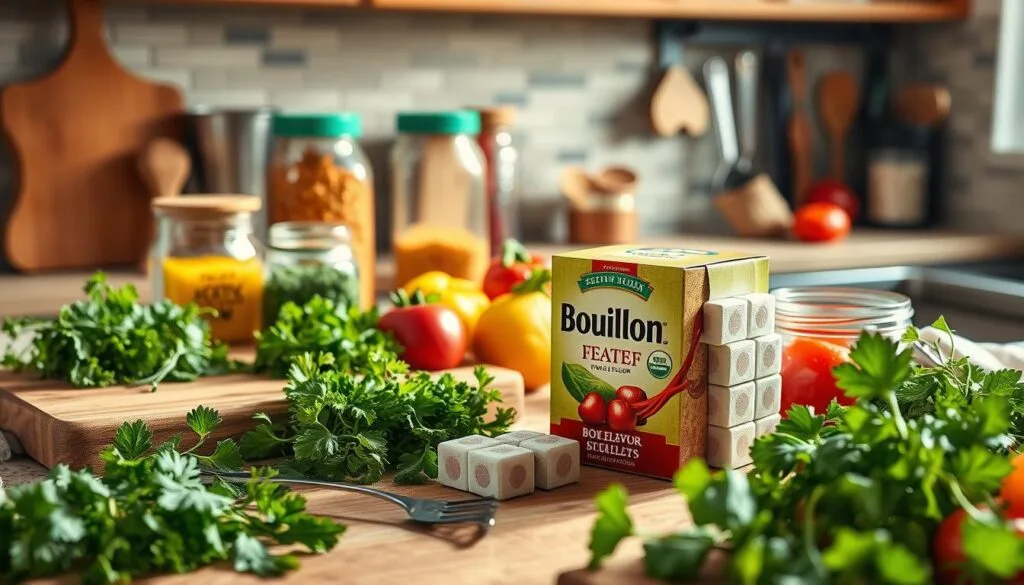 **Alt Text:**
"Box of beef bouillon cubes on a wooden countertop surrounded by fresh parsley, colorful vegetables, and various kitchen spices in a modern kitchen setting."