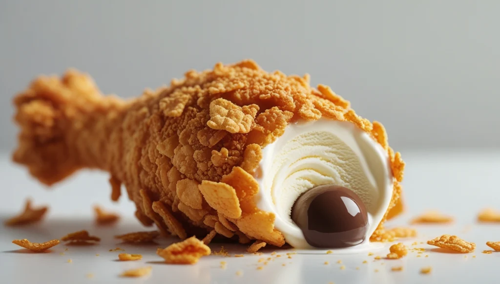 A hyper-realistic close-up of an ice cream dessert designed to look like a crispy fried chicken drumstick. The outer coating is golden-brown, textured, and flaky, resembling deep-fried batter. A clean bite reveals smooth, swirled vanilla ice cream inside with a glossy, round chocolate core. Small crumbs are scattered around on a white surface, enhancing the realistic texture. The background is blurred, emphasizing the dessert’s intricate details