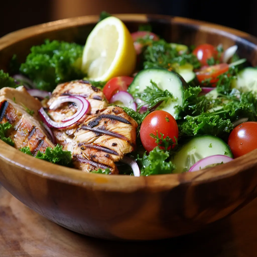 A vibrant Mediterranean chicken salad served in a wooden bowl, featuring grilled chicken breast with charred grill marks, fresh kale, cherry tomatoes, cucumber slices, and thinly sliced red onions. A lemon wedge sits on top, enhancing the freshness of the dish. The rich colors of the vegetables contrast beautifully with the warm wooden tones of the bowl, creating an inviting and wholesome presentation.